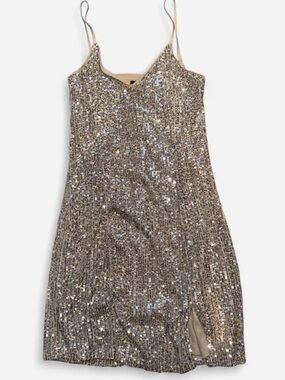 STATE Silver Sequin Slip Mini Dress with V-Neck